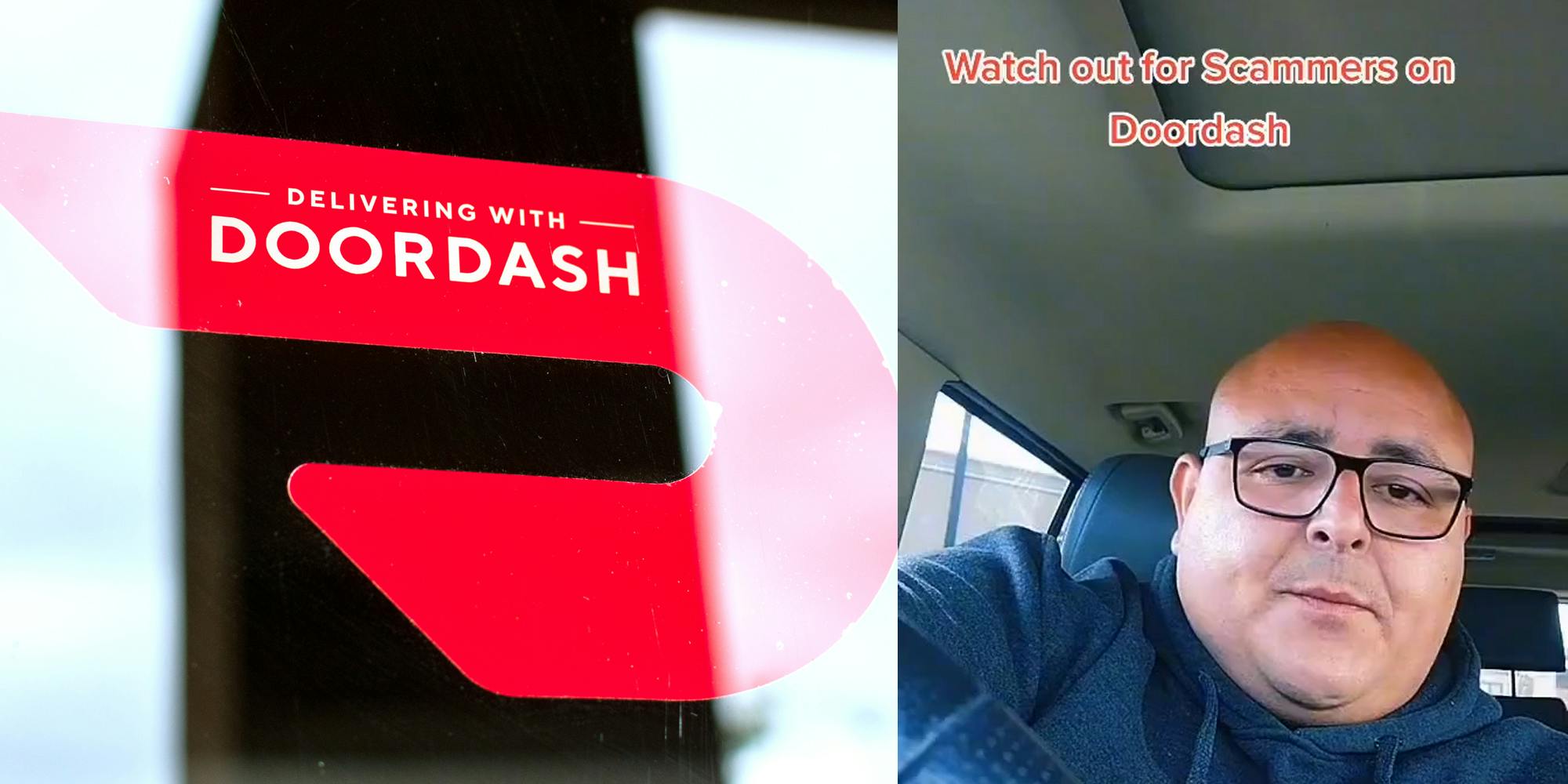 doordash logo in window (l) man in car with 'watch out for scammers on doordash' caption (r)