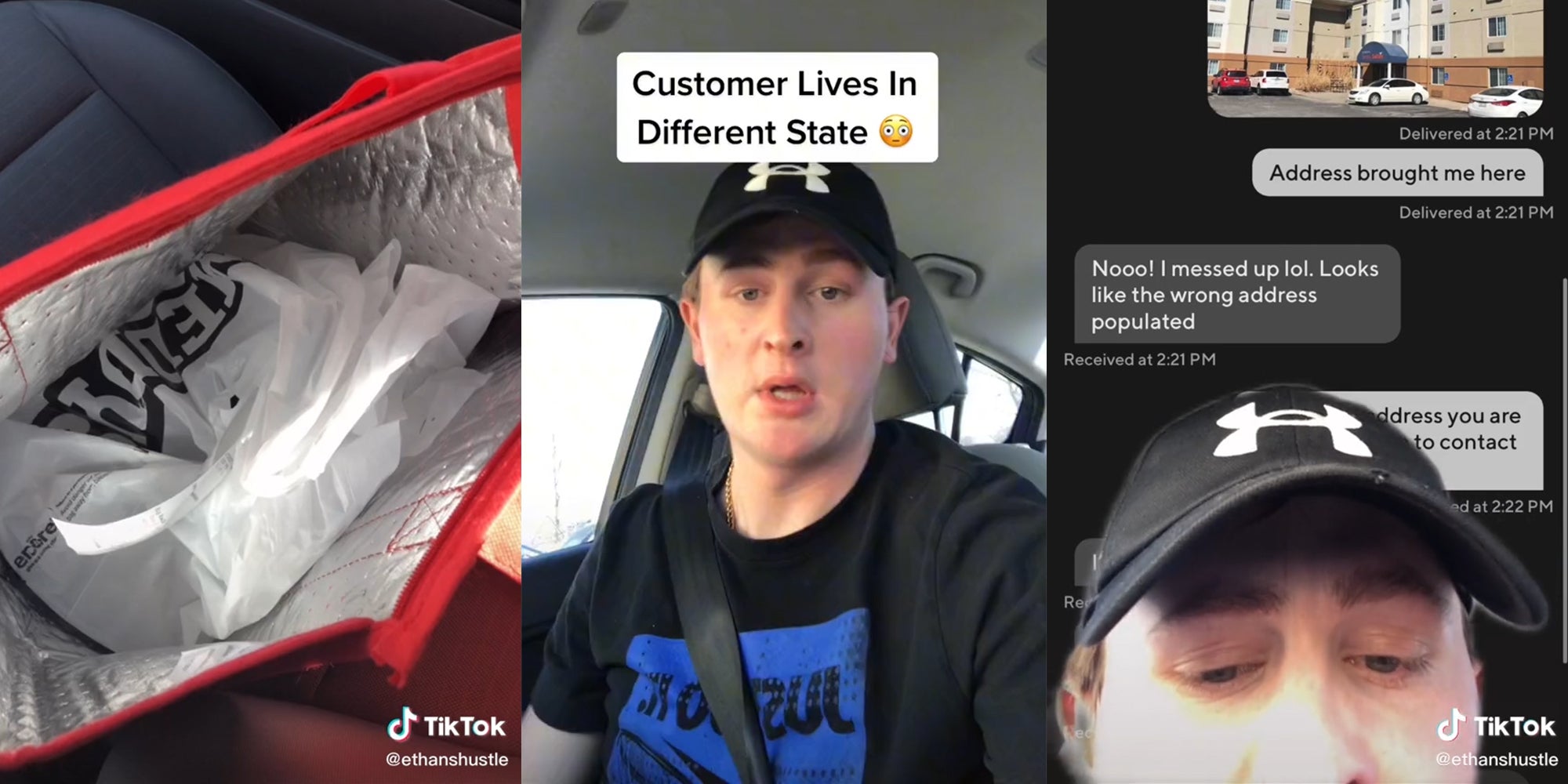 contents of bag (l) man in car with caption 'customer lives in different state' (c) same man with background of text messages (r)