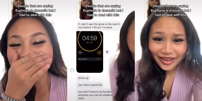 young woman laughing at private messages with 5-minute timer