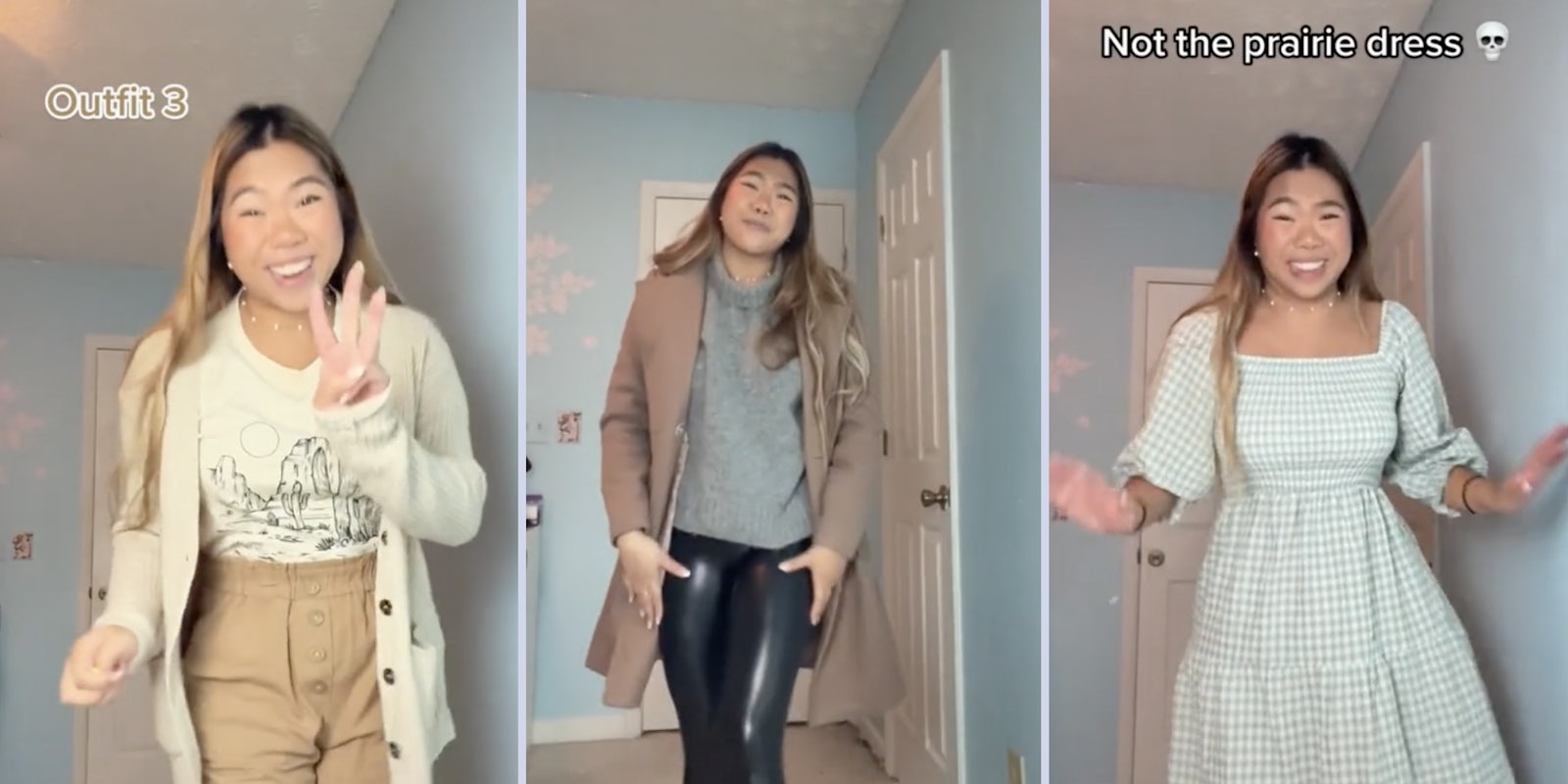 Woman in three different outfits