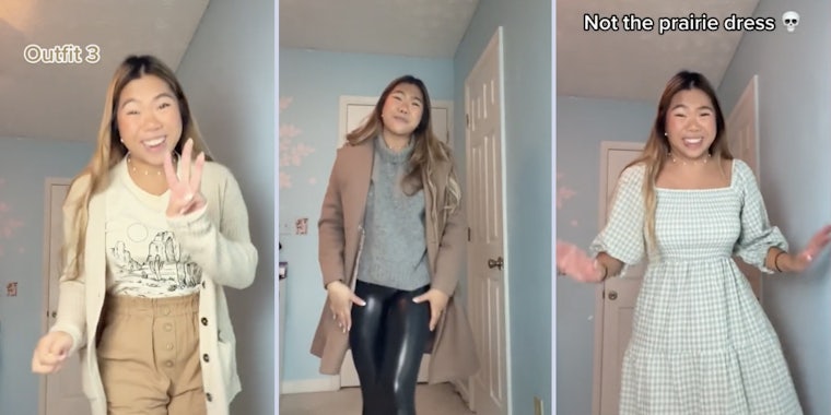 Woman in three different outfits