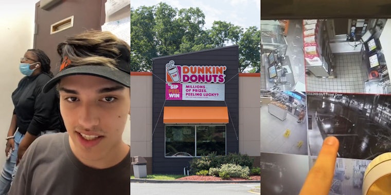 male and female dunkin donuts workers at work (l) Dunkin Donuts building (c) Security camera footage with finger pointing to car (r)