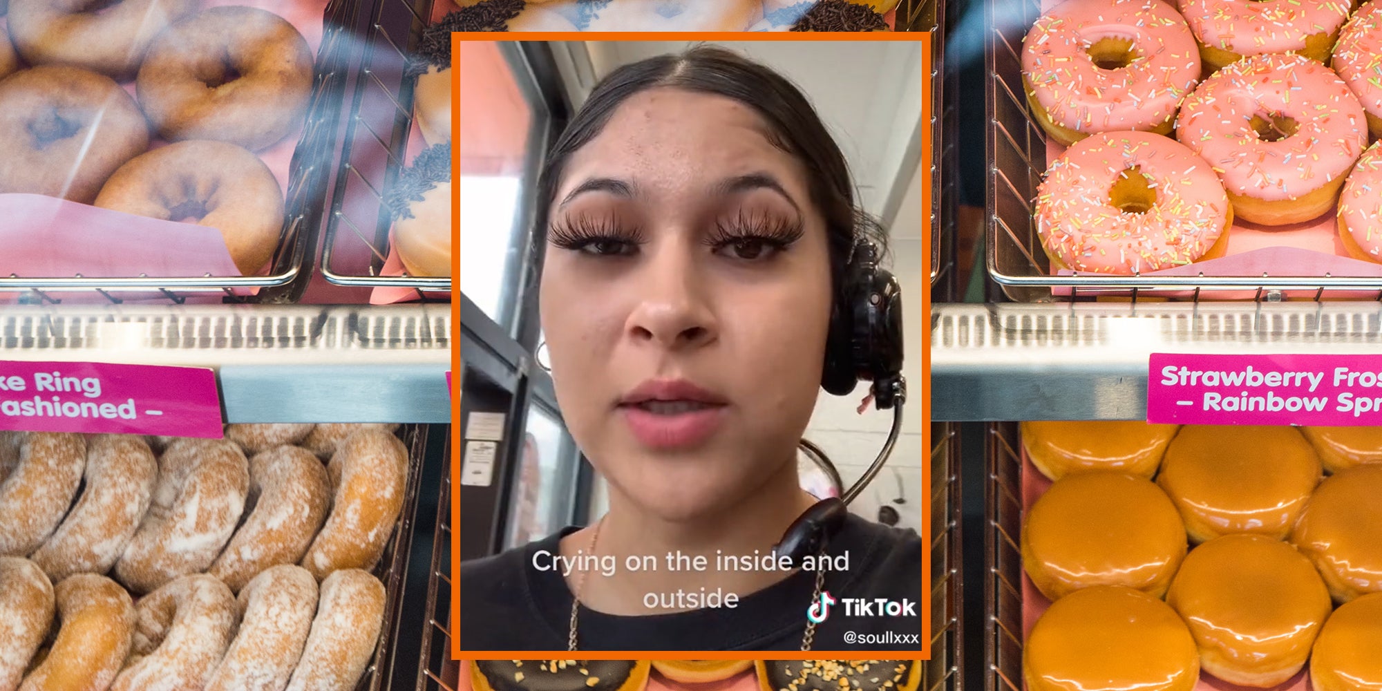young woman with caption 'crying on the inside and outside' over donut background
