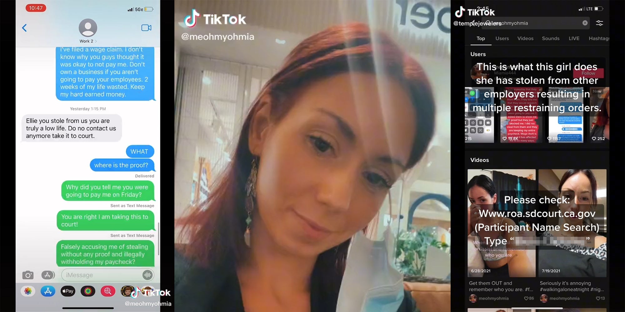 text messages (l) young woman (c) screengrab of profile with caption 'This is what this girl does she has stolen from other employers resulting in multiple restraining orders. Please check: www.roa.sdcourt.ca.gov (Participant name search) Type 'redacted'' (r)