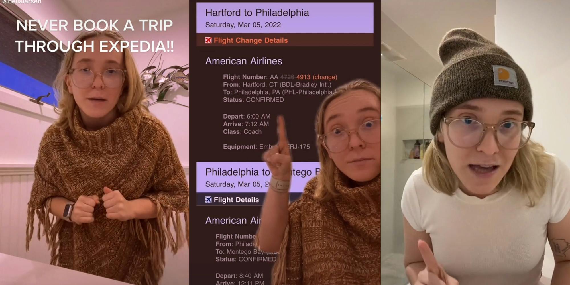 young woman with caption 'Never book a trip through expedia' (l) pointing at flight booking (c) speaking with hat on (r)