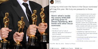 Men holding awards (l) @filmaroni's tweet "Losing my mind over the items in the Oscar nominee's gift bag this year. We truly are peasants to these people" (r)