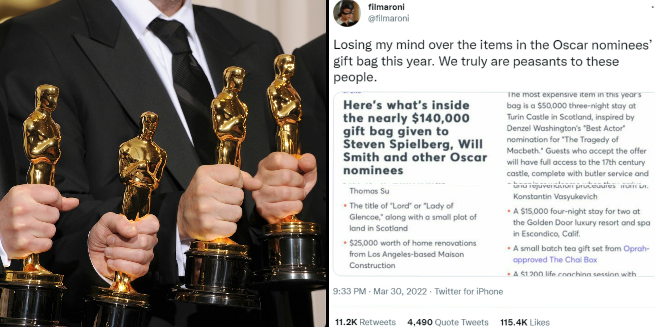 Men holding awards (l) @filmaroni's tweet 'Losing my mind over the items in the Oscar nominee's gift bag this year. We truly are peasants to these people' (r)