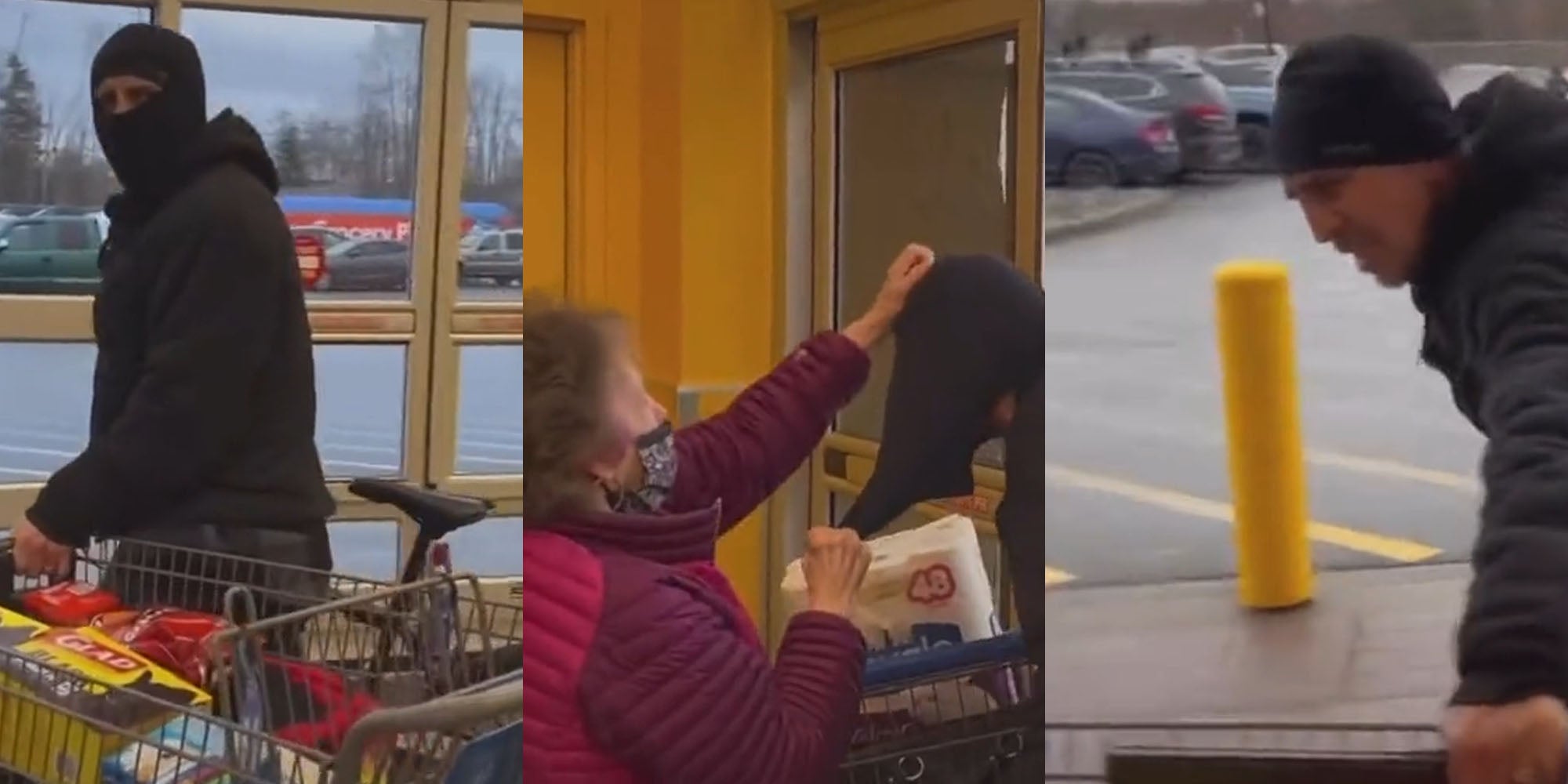 Man in mask with grocery cart leaving store (l) Elderly woman pulling mask off of man (c) Man trying to take his cart but its being held back (r)