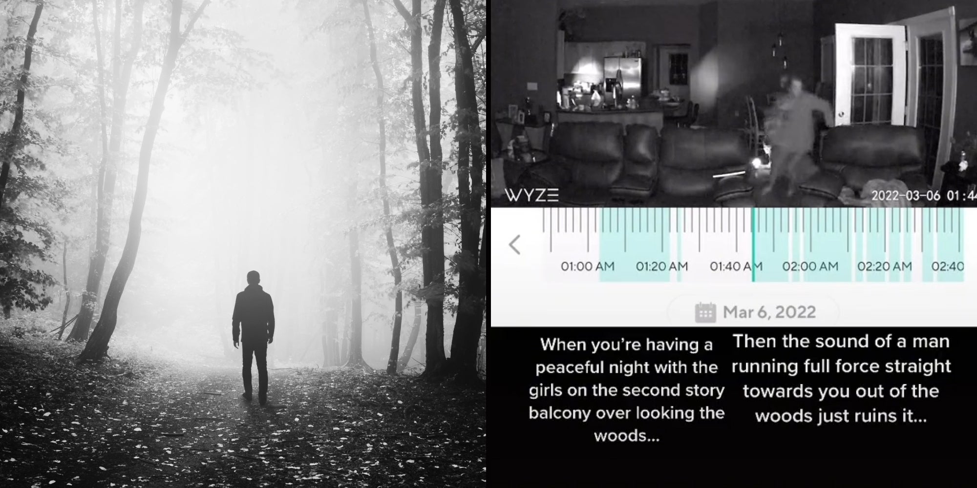 Man in woods black and white (l) Security camera footage woman running in door caption 'When you're having a peaceful night with the girls on the second story balcony over looking the woods... then the sound of a man running full force straight towards you out of the woods just ruins it...' (r)