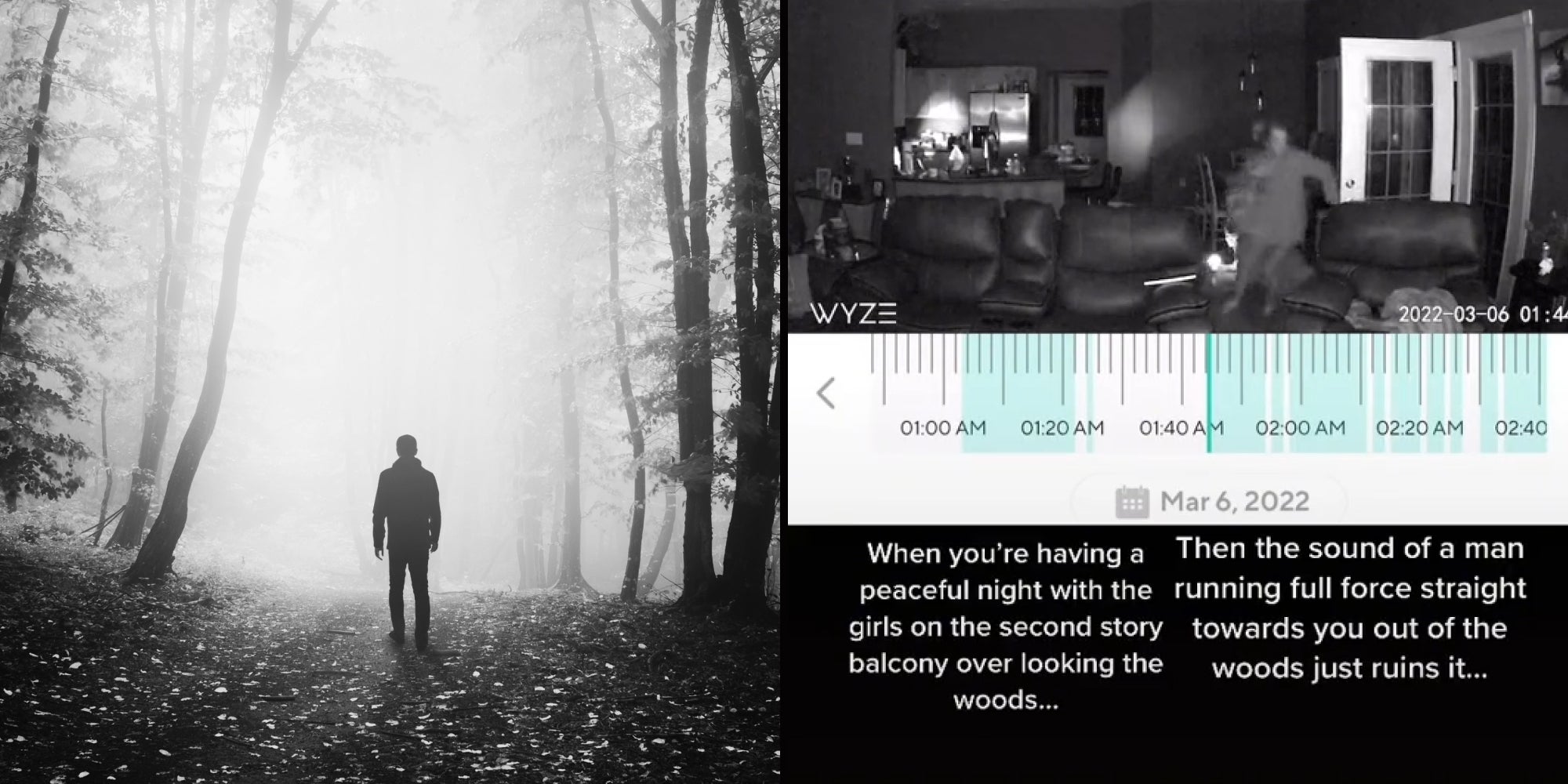 Man in woods black and white (l) Security camera footage woman running in door caption "When you're having a peaceful night with the girls on the second story balcony over looking the woods... then the sound of a man running full force straight towards you out of the woods just ruins it..." (r)