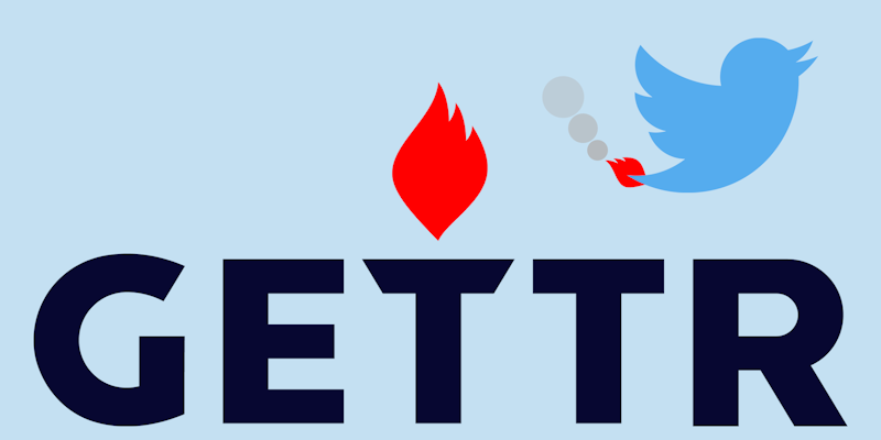 twitter bird flying away from Gettr logo with tail on fire