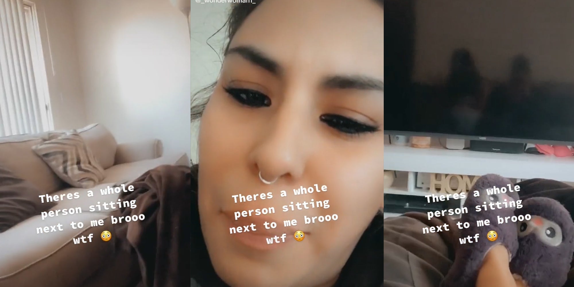 woman sitting alone in living room, television reflection shows person next to her with caption 'theres a whole person sitting next to me brooo wtf'