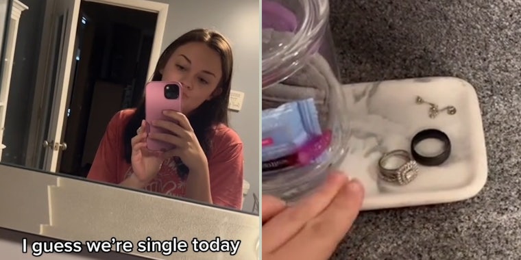 Woman recording herself in mirror caption 'I guess we're single today' (l) Woman with fingers pointing to her and her husband's rings on counter of bathroom sink (r)