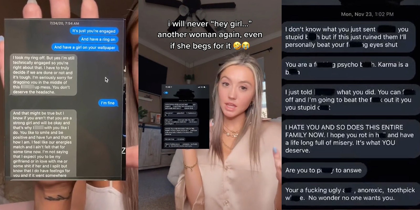 Woman holding text messages to screen with man who is engaged and he wants to cheat on his fiancé with her (l) Woman holding other messages caption 'i will never 'hey girl...' another woman again, even if she begs for it' (c) Up close screenshots of her messages with the man 's mom (r)