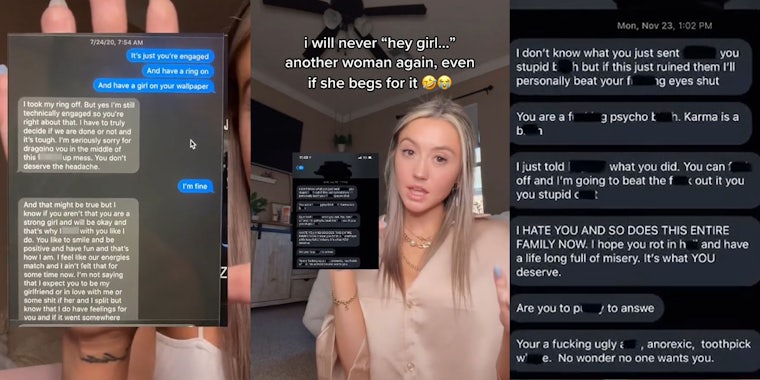 Woman holding text messages to screen with man who is engaged and he wants to cheat on his fiancé with her (l) Woman holding other messages caption 'i will never 'hey girl...' another woman again, even if she begs for it' (c) Up close screenshots of her messages with the man 's mom (r)