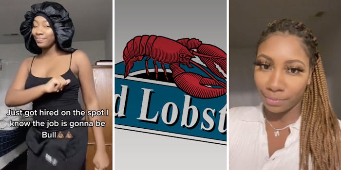 woman dancing (l) red lobster logo (m) woman looking into the camera (r)