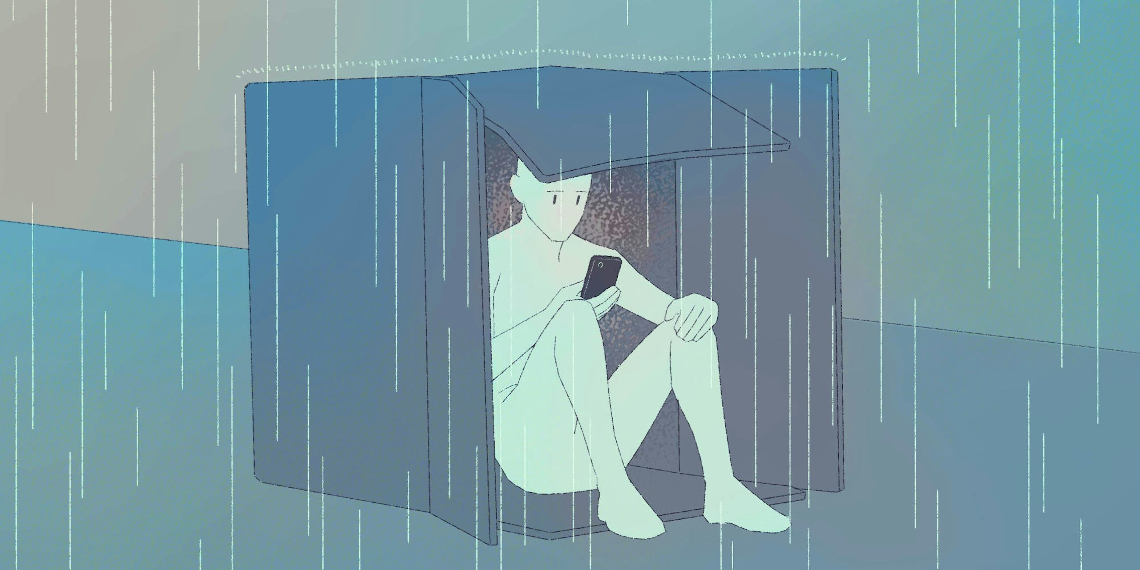person looking at phone while sitting inside a box in the rain