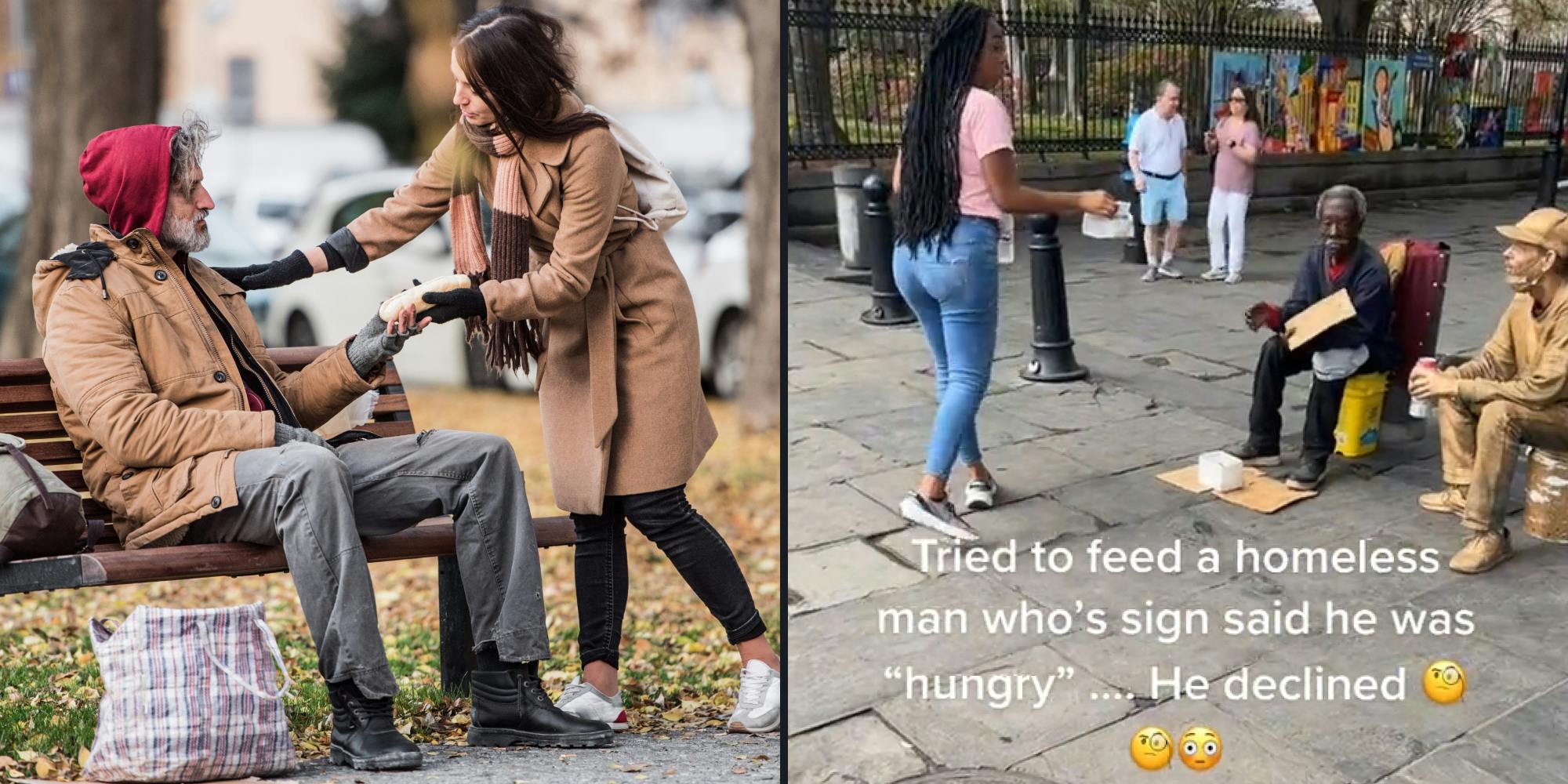 woman in city giving food to homeless (l) woman in city attempting to give homeless food caption " Tried to feed a homeless man who's sign said he was hungry... he declined" (r)