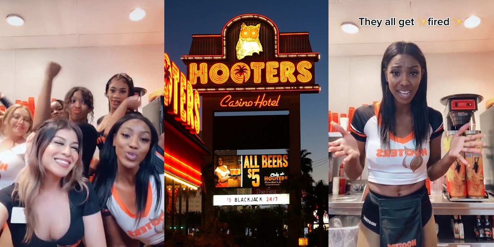 Hooters employees dancing in tiktok (l) Hooters sign and building (c) Hooters worker caption 'They all got fired' (r)