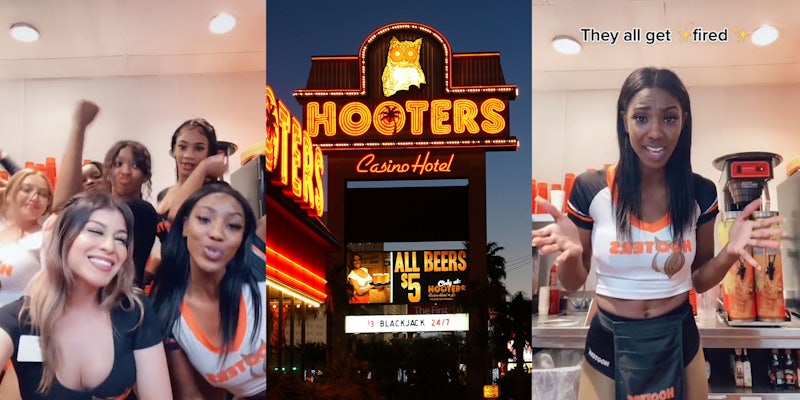 Hooters employees dancing in tiktok (l) Hooters sign and building (c) Hooters worker caption 'They all got fired' (r)