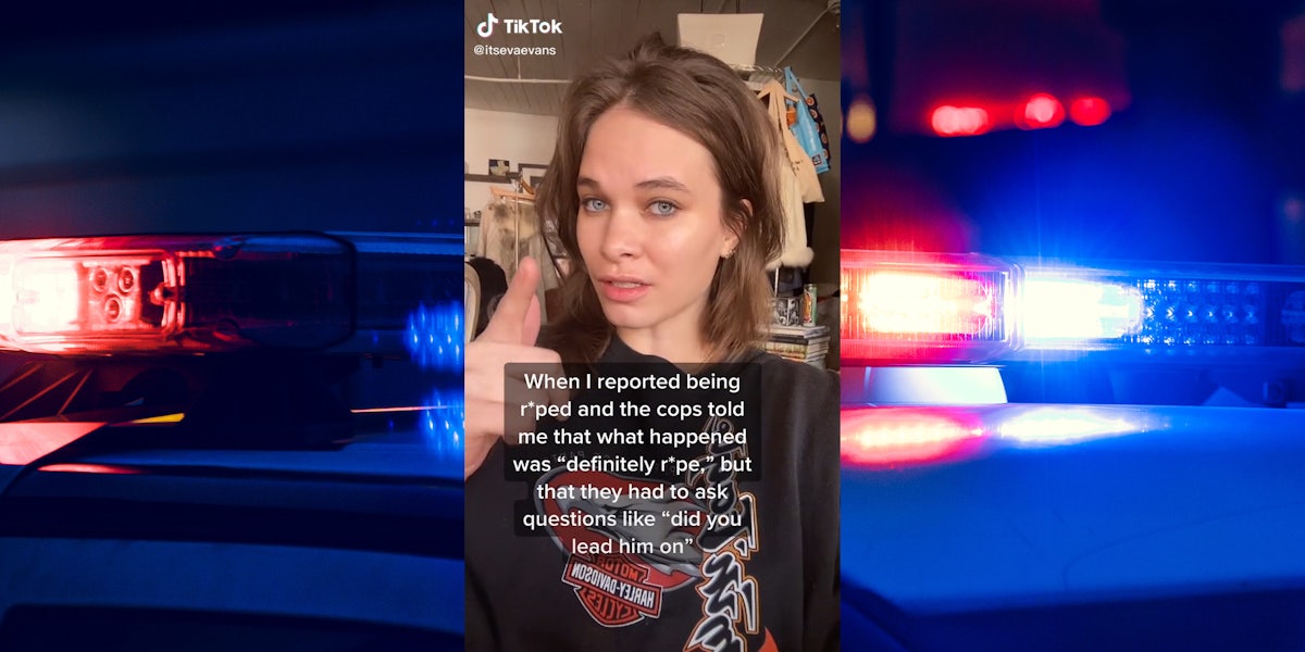 woman pointing with caption 'When I reported being r*ped and the cops told me that what happened was 'definitely r*pe', but that they had to ask questions like 'did you lead him on''