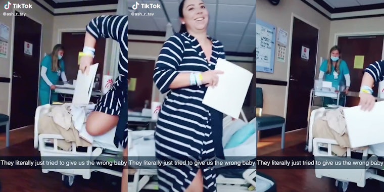 woman in dress, nurse with baby in cart with caption 'they literally just tried to give us the wrong baby'