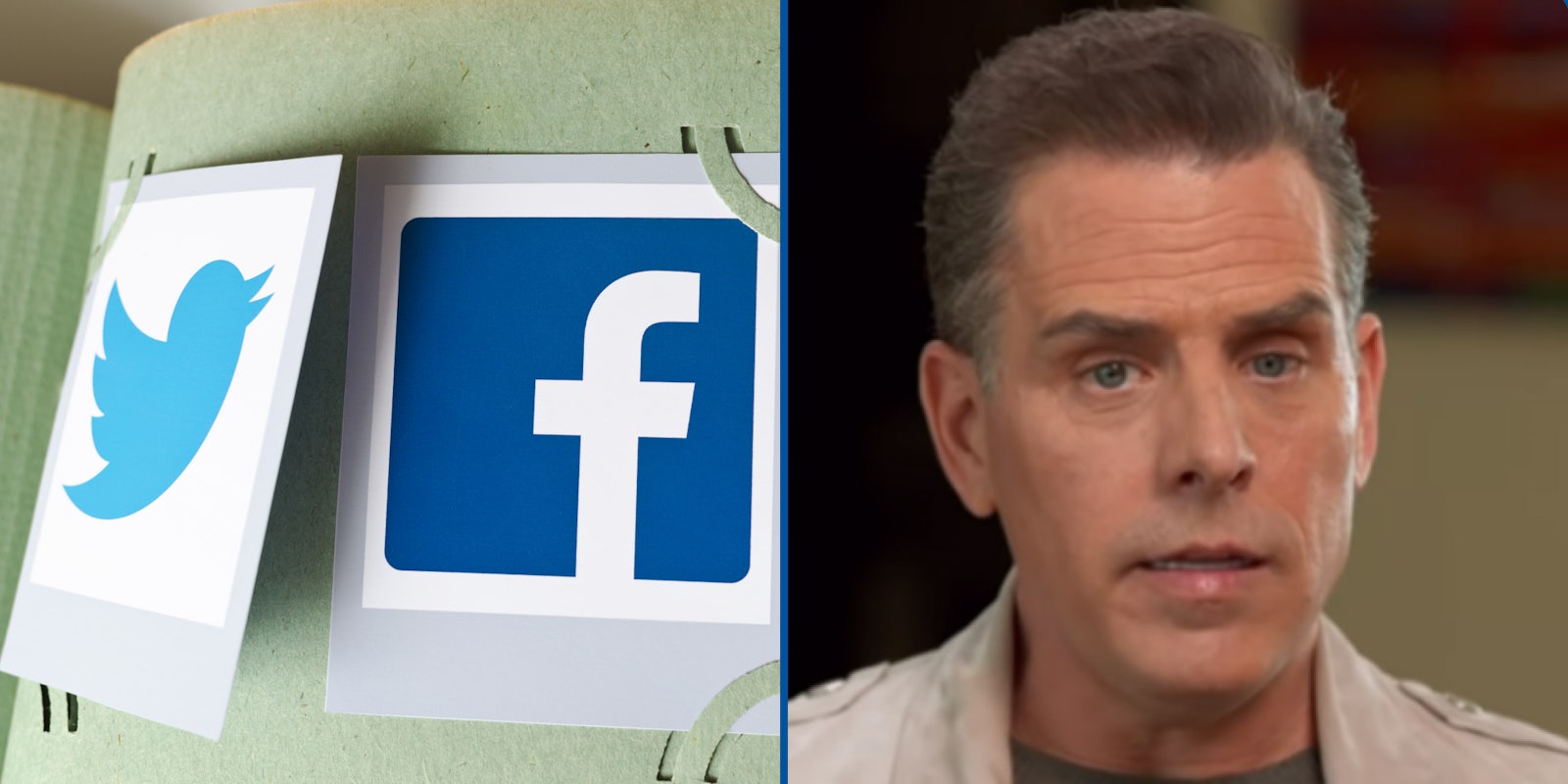 twitter and facebook logos in book (l) Hunter Biden from interview (r)