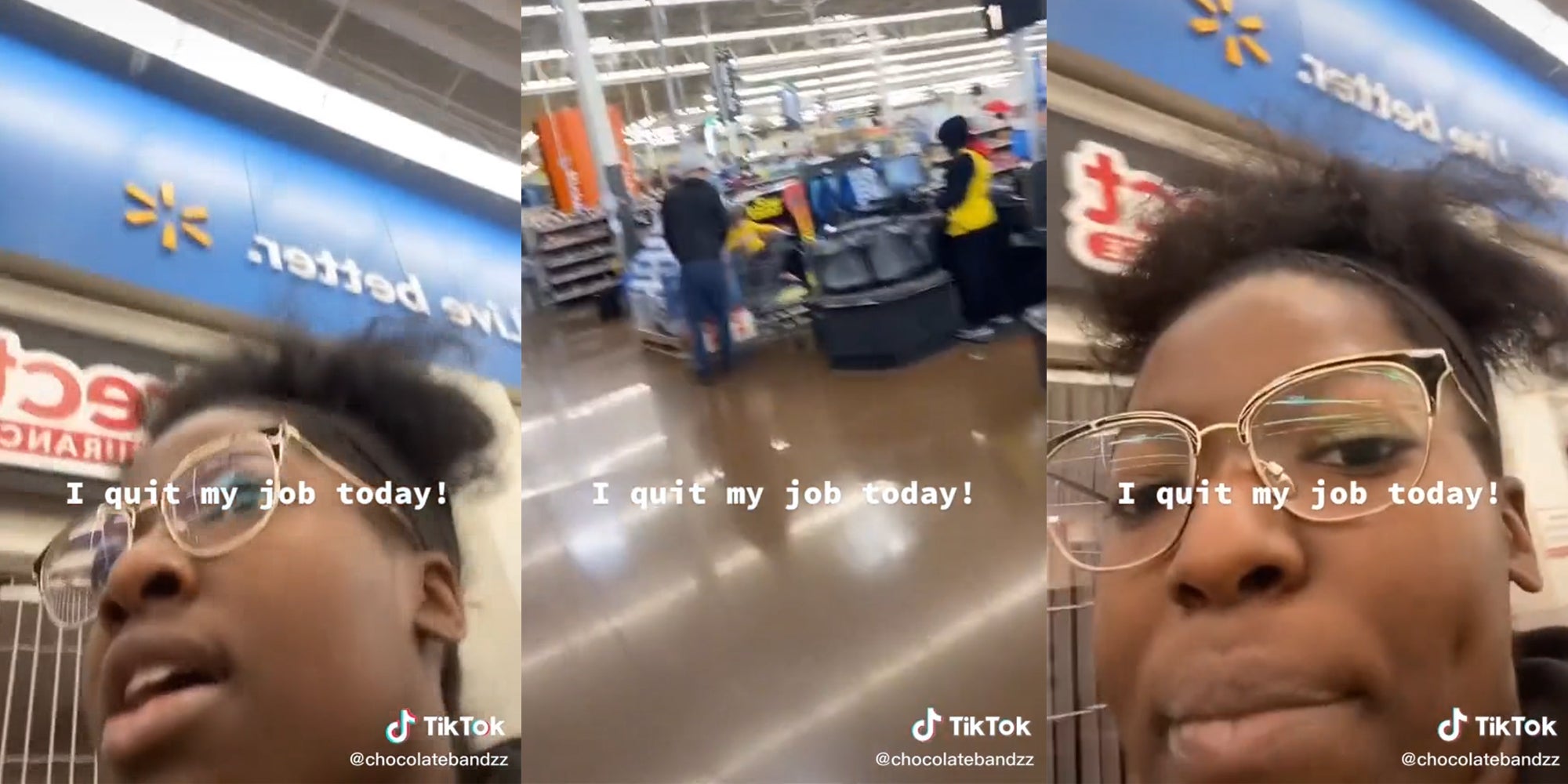 young woman walking through walmart with caption 'i quit my job today!'