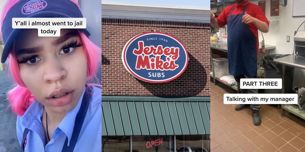 Jersey Mike's female worker caption ' Ya'll I almost went to jail today' (l) Jersey Mike's Subs sign on building (c) A Jersey Mike's manager in kitchen caption ' PART THREE Talking with my manager'(r)