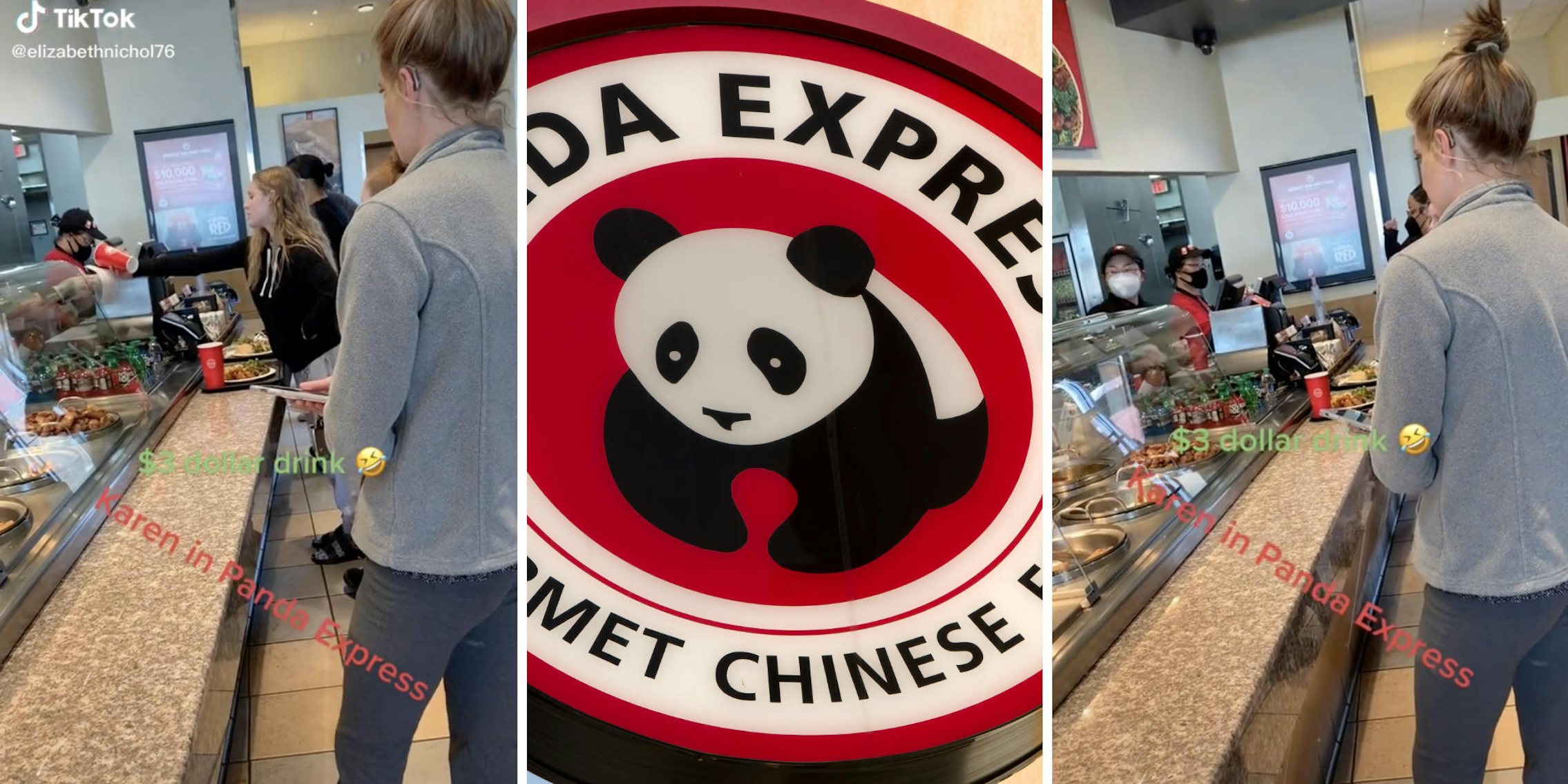 woman yelling and handing drink back to server (l) (r) panda express logo (m)