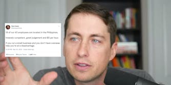 Nick Huber on his youtube show with tweet on left side "18 of our 40 employees are located in the Philippines. Insanely competent, great judgement and $5 per hour. If you run a small business and you don't have overseas help you're at a disadvantage"