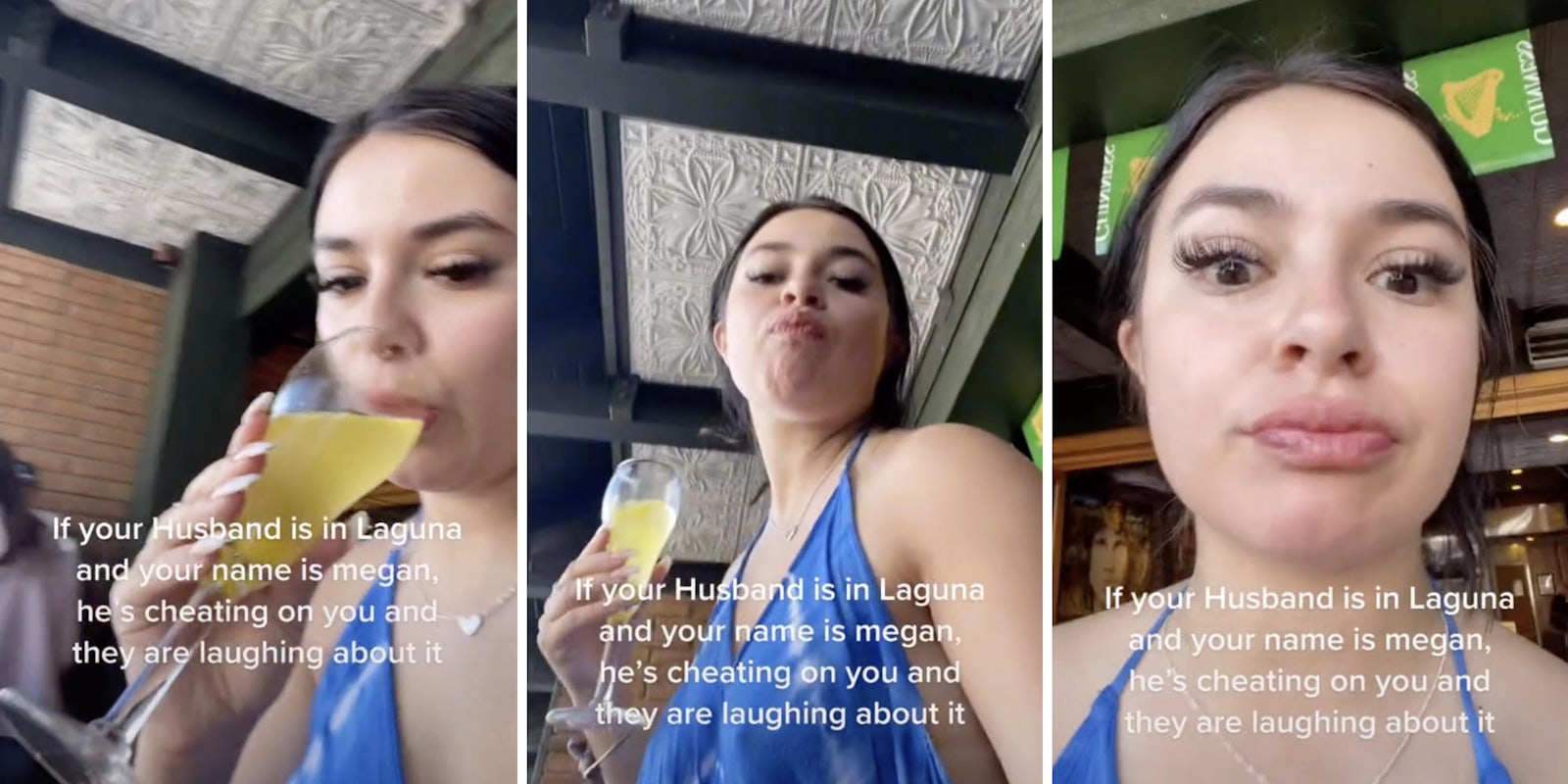 woman drinking an alcoholic drink and making sassy faces at camera