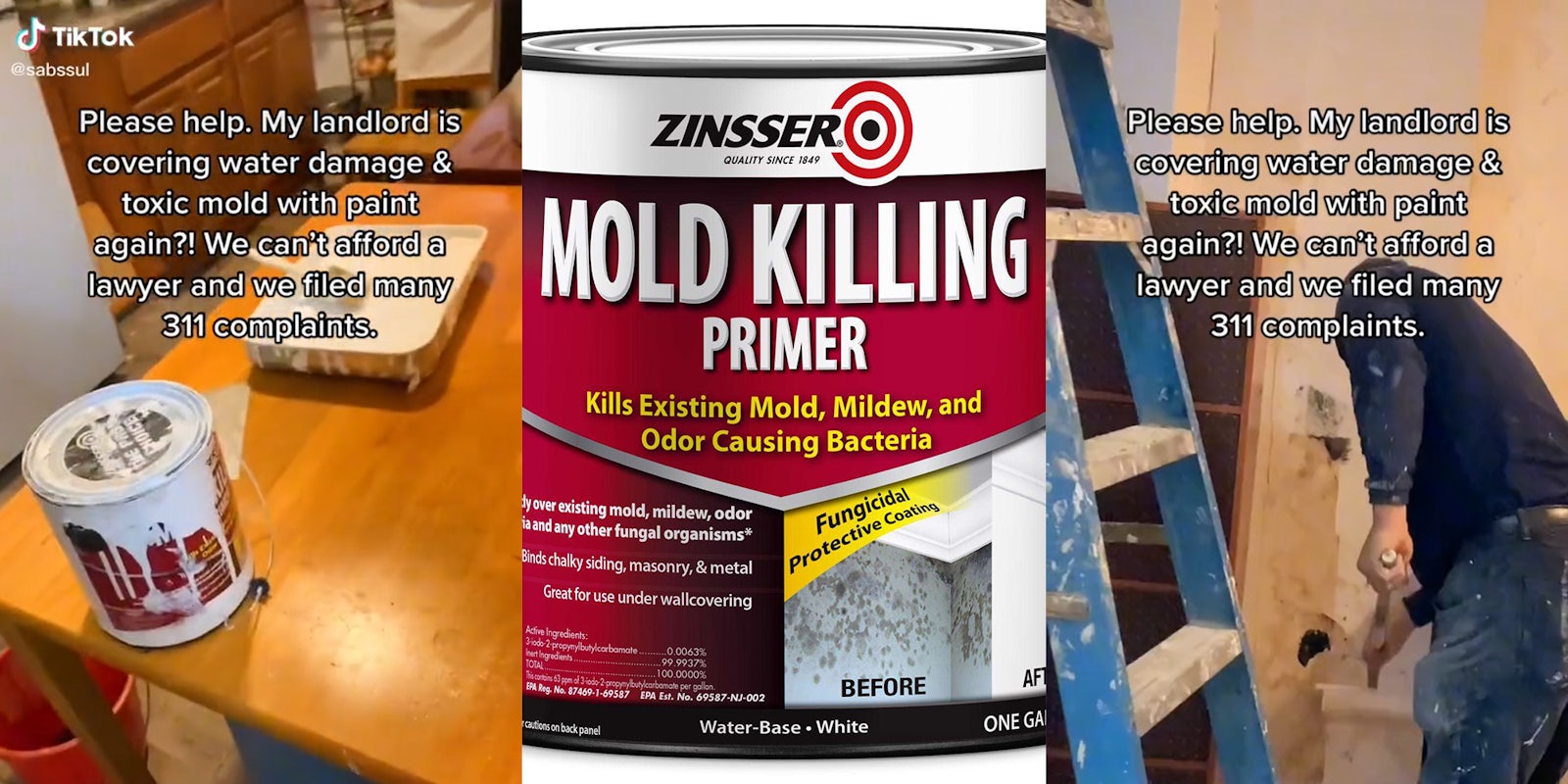paint can and tray on table (l) zinsser mold killing primer (c) man painting wall with roller with caption 'please help. my landlord is covering water damage & toxic mold with paint again?! we can't afford a lawyer and we filed many 311 complaints'