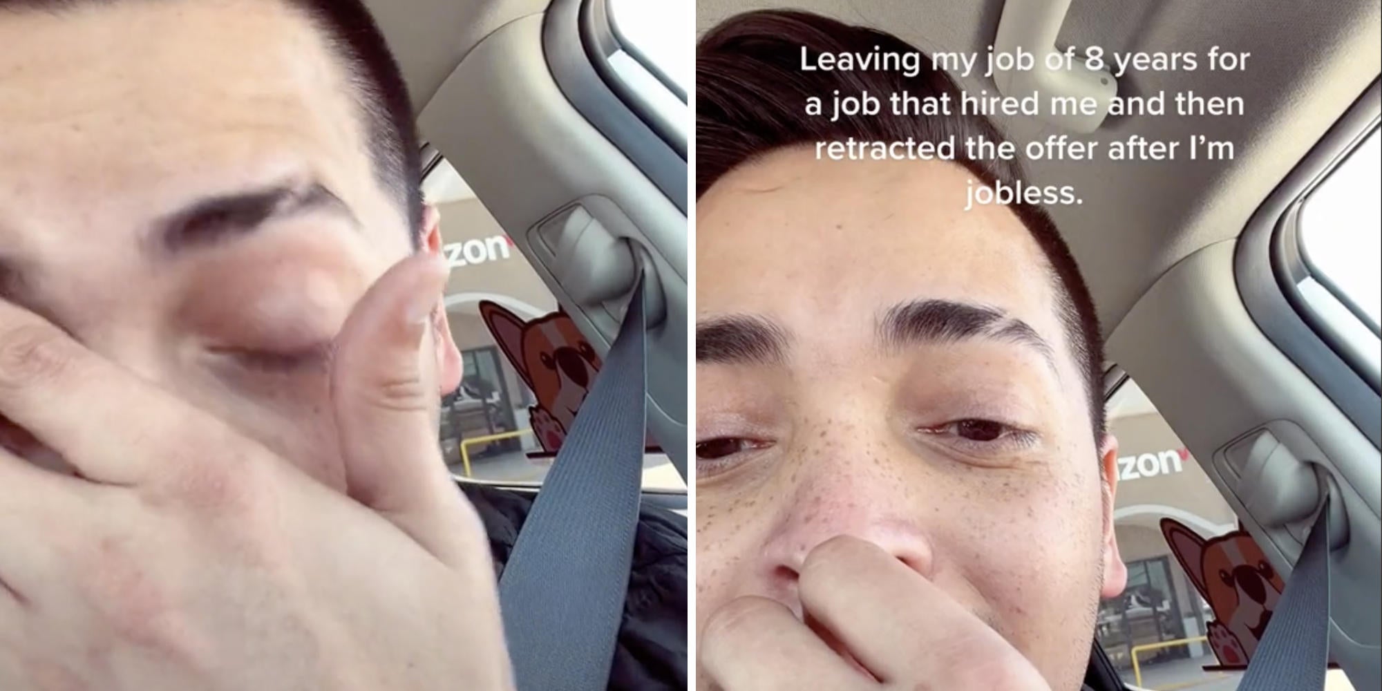 two photos of a man crying