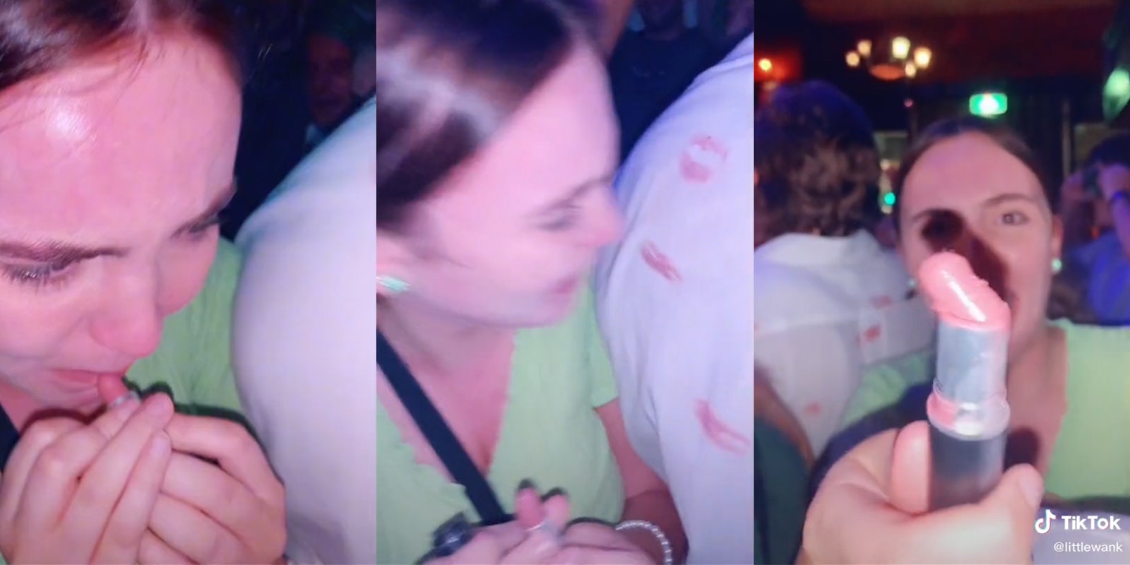 young woman puts on lipstick and kisses men's backs in bar