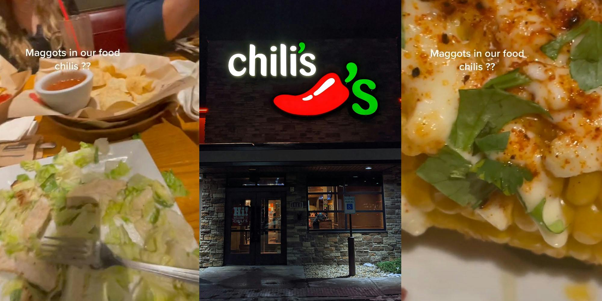 Chilis table with family bowl of chips and salad caption "maggots in our food chili's?" (l) Chili's Bar and Grill building with sign (c) Close up of food caption "maggots in our food chili's?" (r)