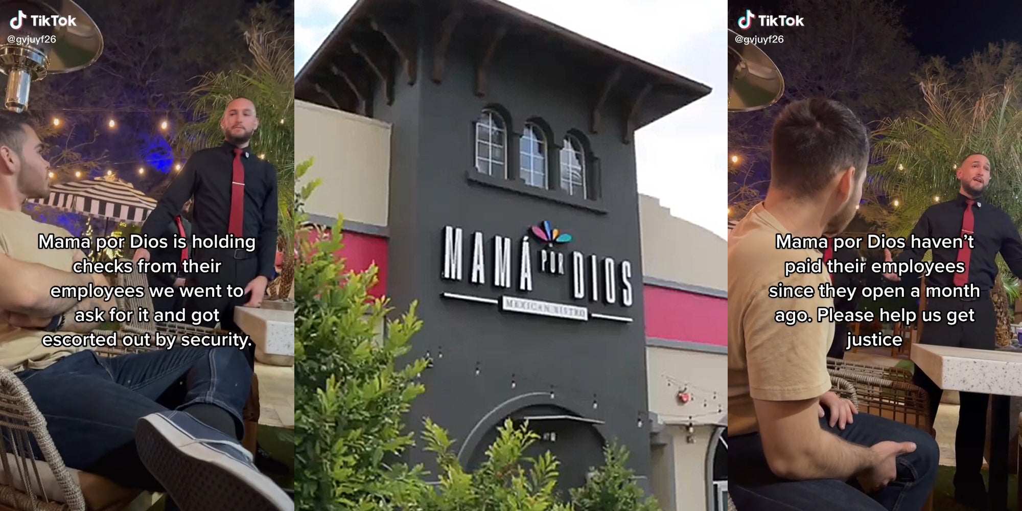 man in restaurant talking to man sitting with caption 'Mama por Dios is holding checks from their employees we went to ask for it and got escorted out by security.' (l&r) Mama por Dios restaurant (c)