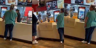 在麦当劳登记处与背景中的工作人员一起点餐的女士（l）在麦当劳登记处点餐的女士与背景中的另一名顾客工作人员交谈（c）站在麦当劳登记处的女士背景中的工作人员（r）