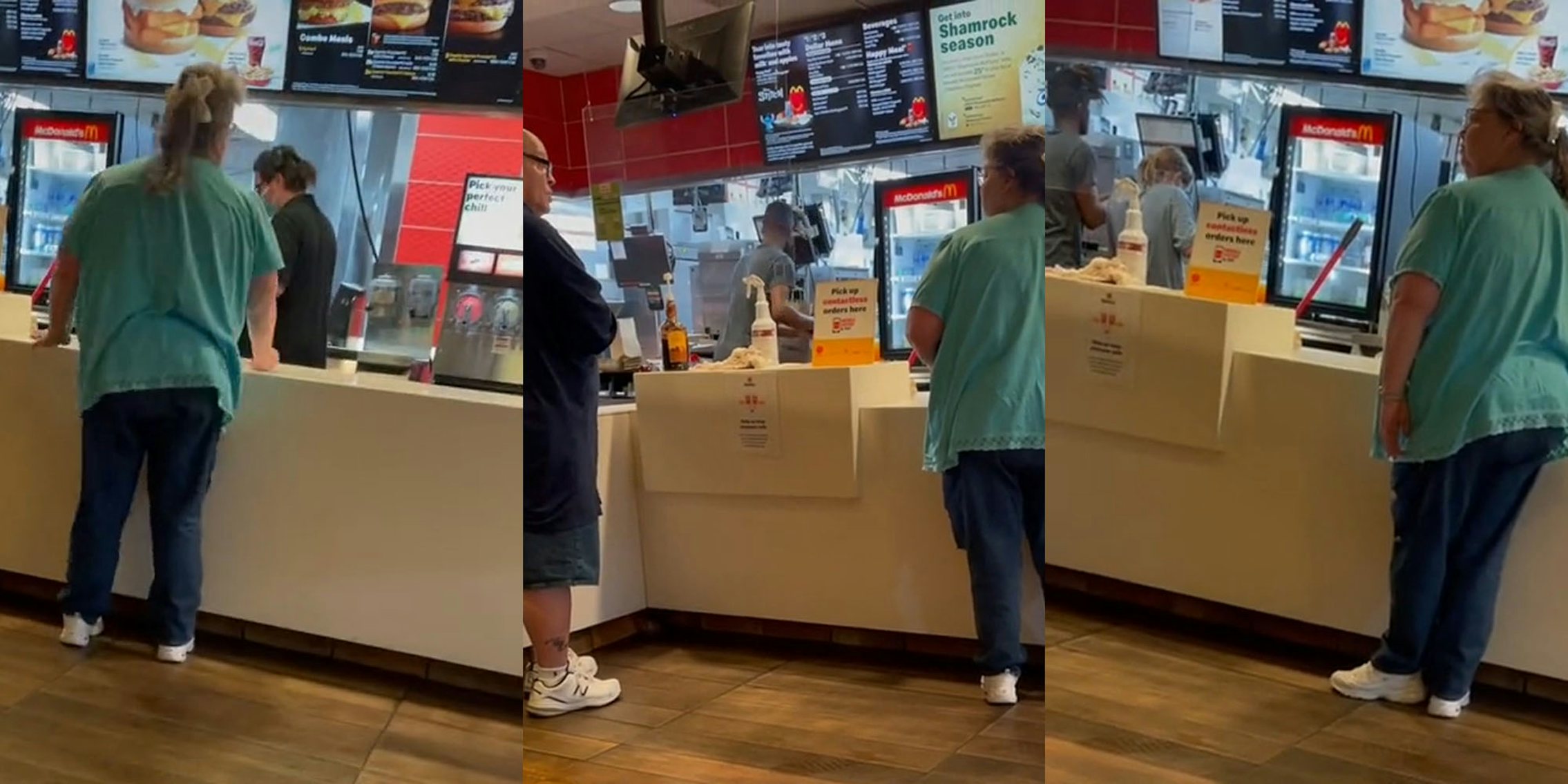 Woman ordering food at McDonald's register with worker in background (l) Woman ordering food at McDonald's register talking to another customer worker in background (c) Woman standing at McDonald's register worker in background (r)