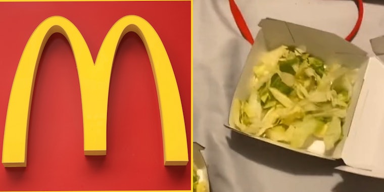 McDonald's logo on red background (l) McDonald's sandwich container filled with only lettuce (r)