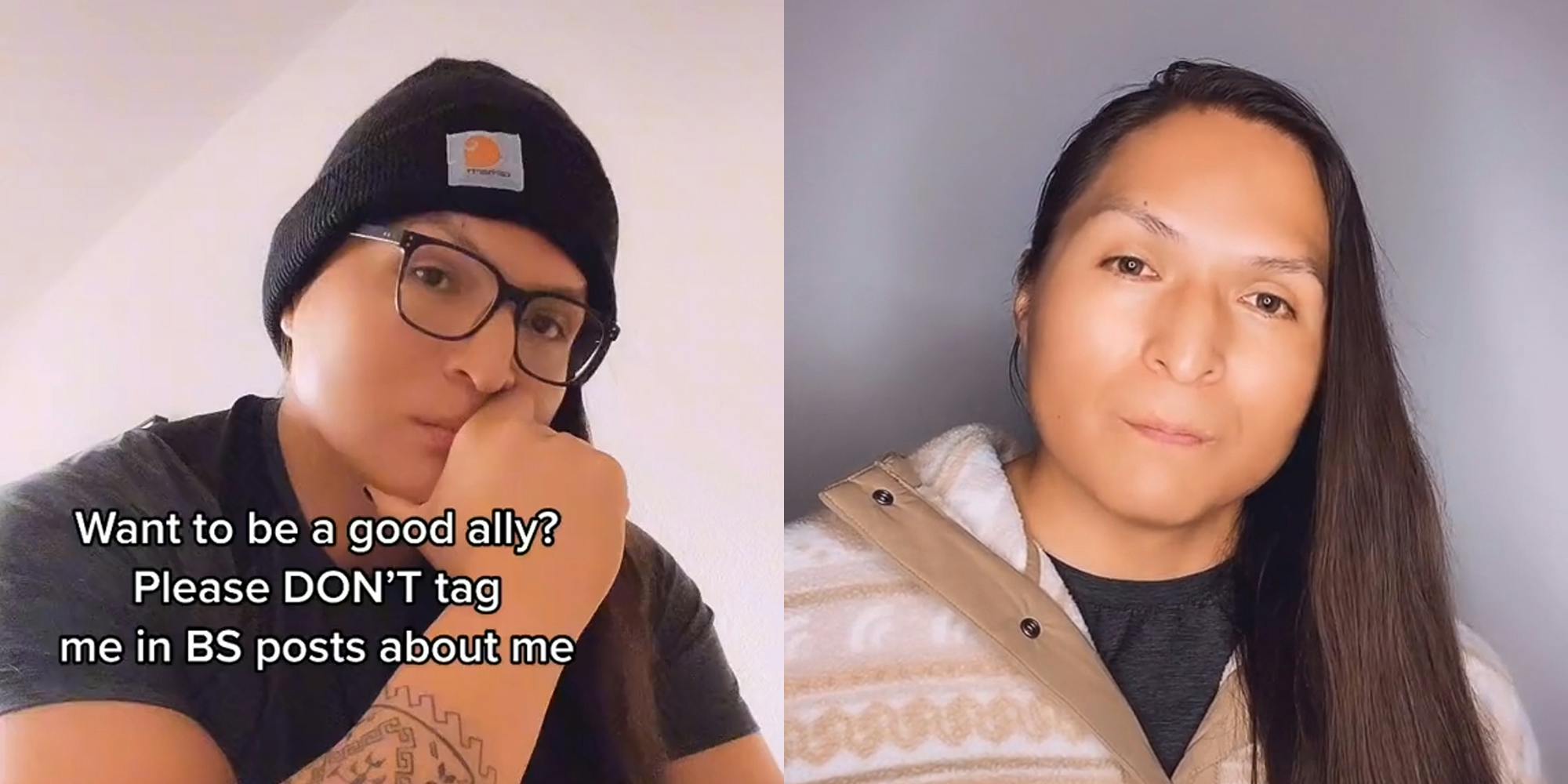 person in hat and glasses with caption "want to be a good ally? please don't tag me in BS posts about me" (l) same person (r)