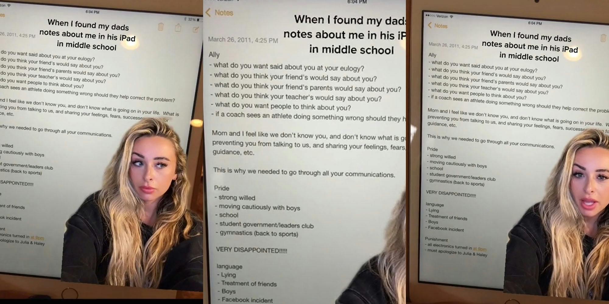 Female greenscreen tiktok video over iPad notes caption " When I found my dad's notes about me in his iPad in middle school" (l) naughty list on iPad screen caption " When I found my dad's notes about me in his iPad in middle school"(c) female greenscreen over iPad notes caption " When I found my dad's notes about me in his iPad in middle school"(r)