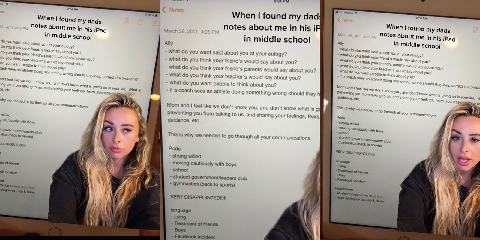 Female greenscreen tiktok video over iPad notes caption ' When I found my dad's notes about me in his iPad in middle school' (l) naughty list on iPad screen caption ' When I found my dad's notes about me in his iPad in middle school'(c) female greenscreen over iPad notes caption ' When I found my dad's notes about me in his iPad in middle school'(r)