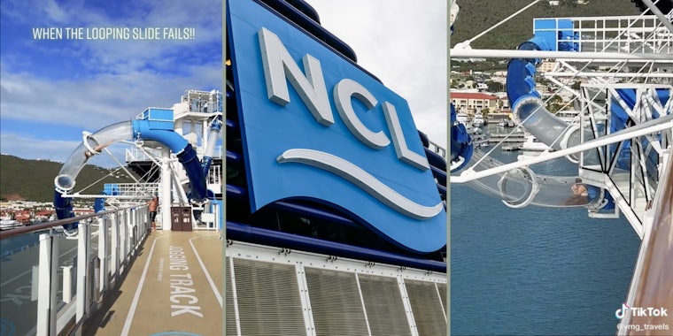 Looping water slide with a woman inside (L,R) Norwegian Cruise Line logo (M)