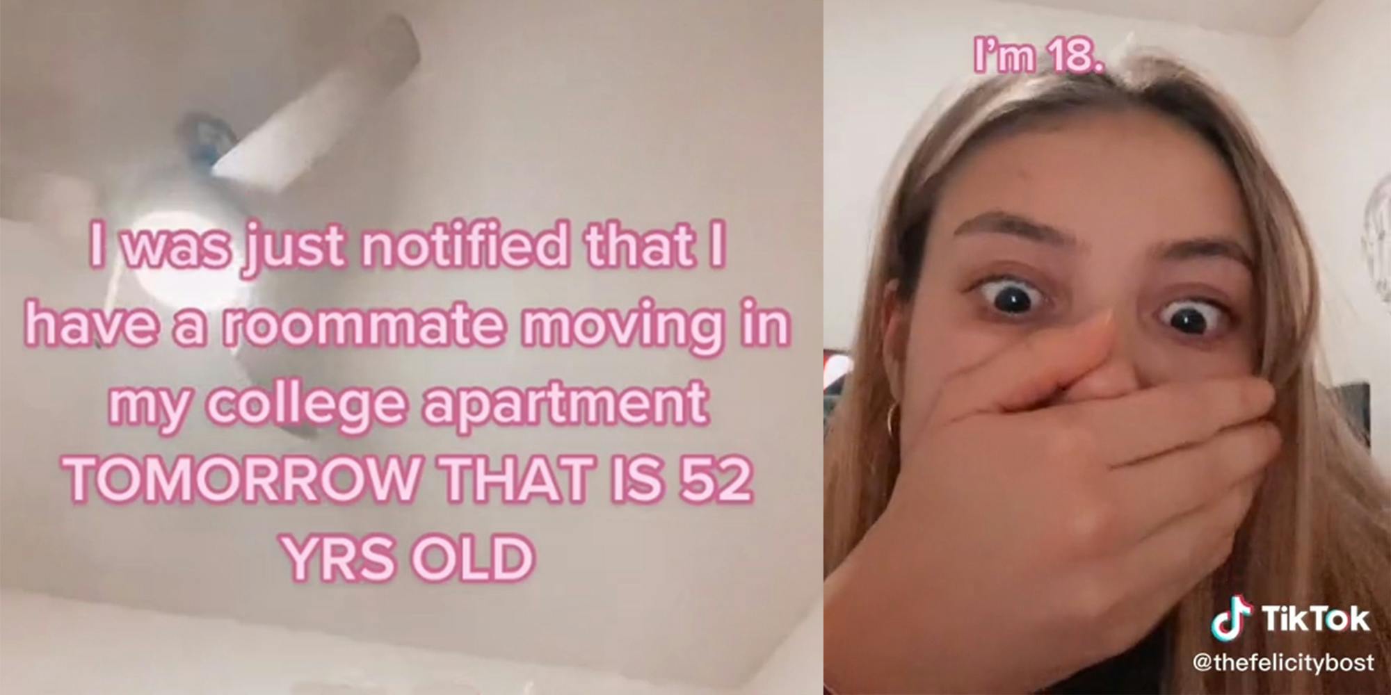 ceiling fan with caption "I was just notified that I have a roommate moving in my college apartment TOMORROW THAT IS 52 YRS OLD" (l) young woman covering her mouth with wide eyes and caption "i'm 18" (r)