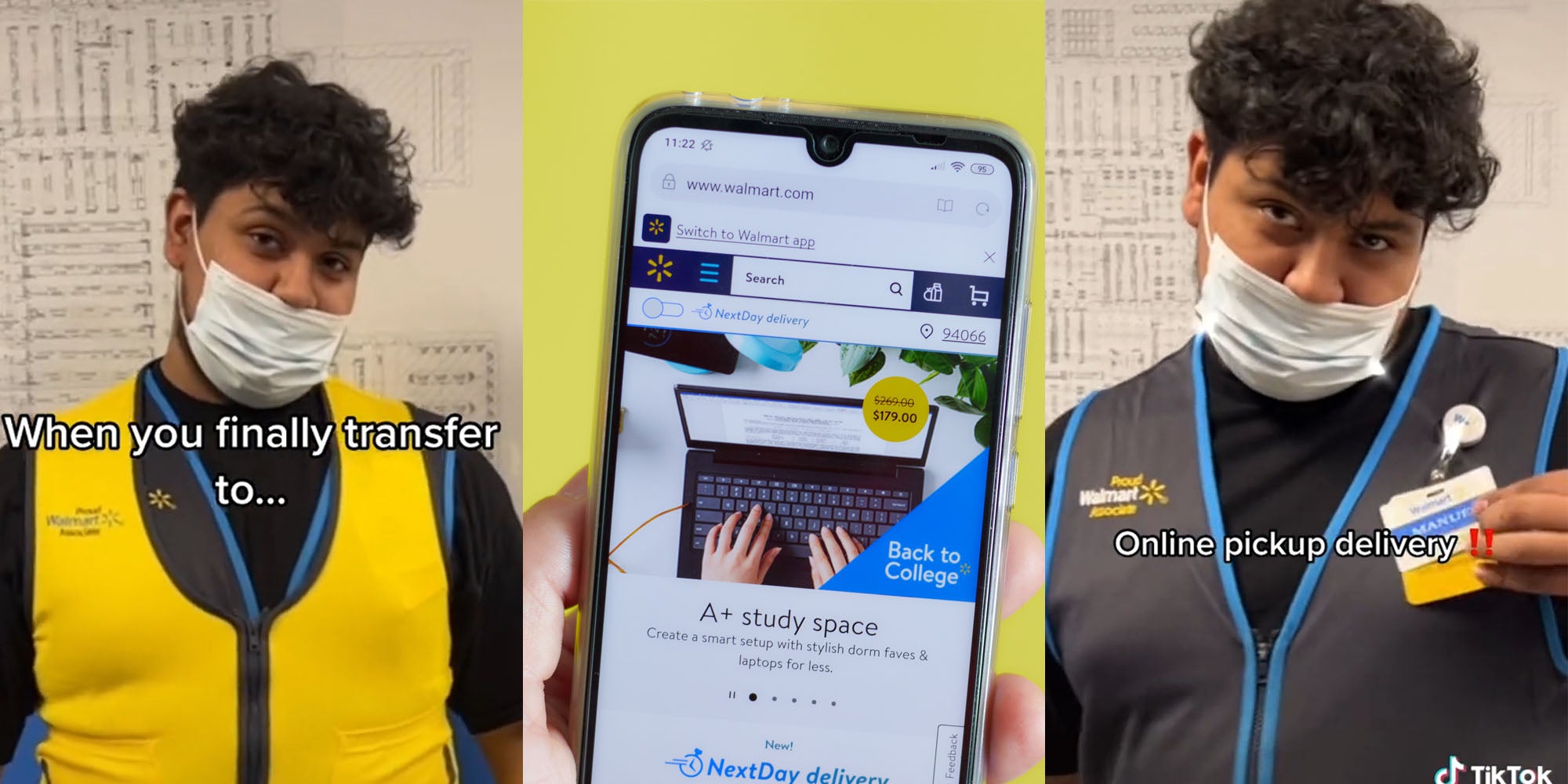 Male walmart worker caption ' When you finally transfer to...' (l) Walmart online shopping on phone screen (c) Male walmart worker holding nametag caption 'Online pickup delivery' (r)