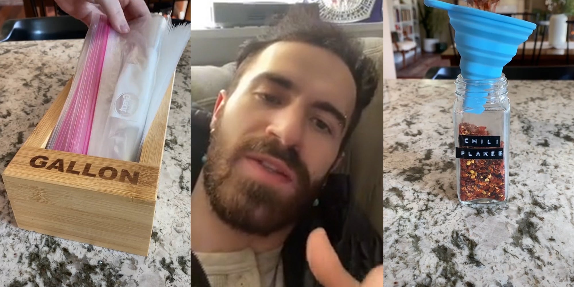 hand placing bags into box labeled 'gallon' (l) man on couch (c) pouring chili flakes into container (r)