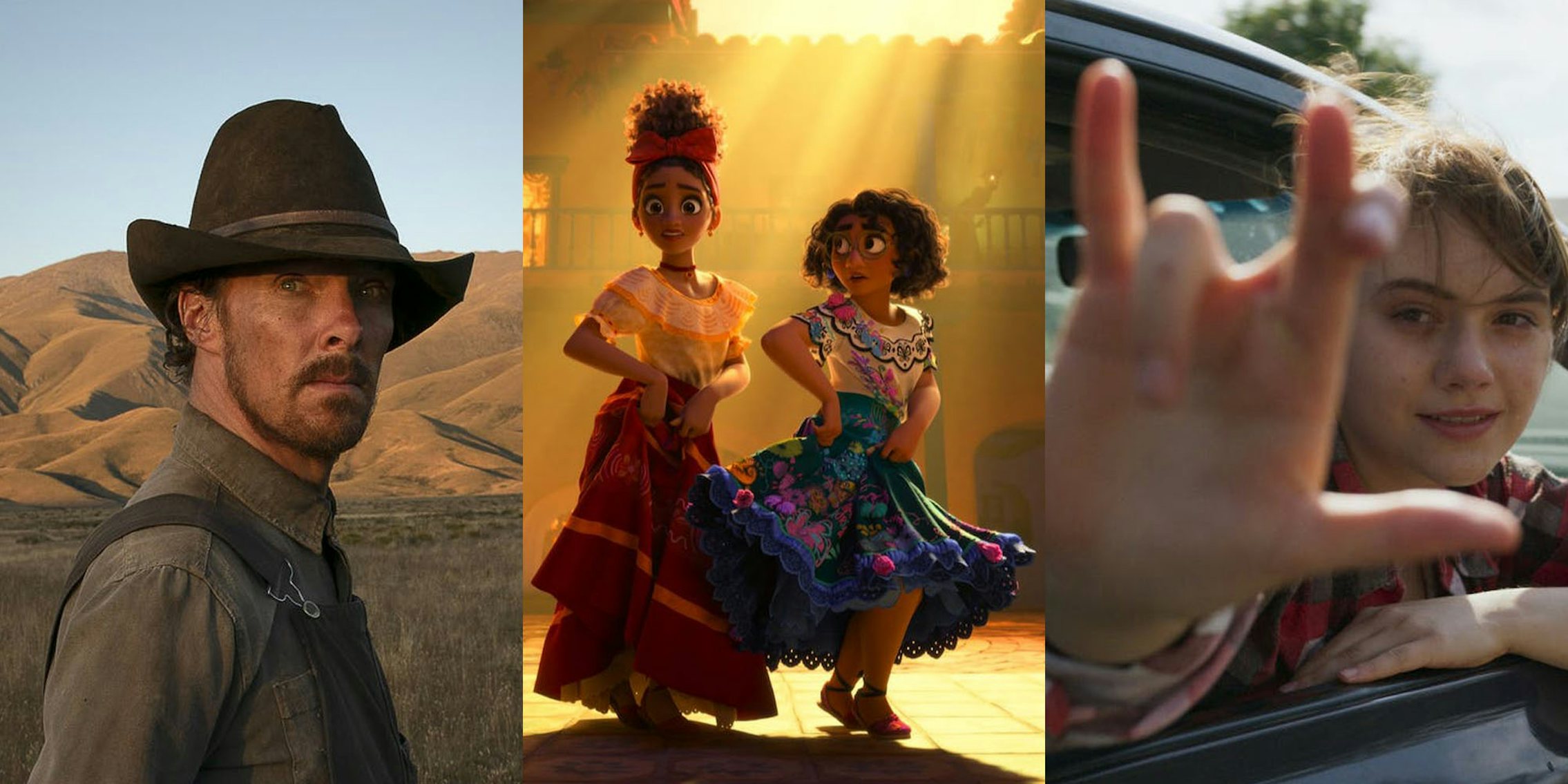 The Power of the Dogs Benedict Cumberbatch in cowboy hat (l) Encanto two women dancing in dresses (c) CODA person with hand making sign out of a car window (r)