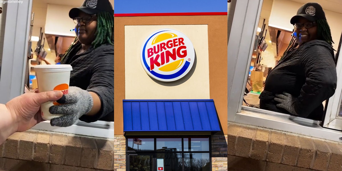 Burger King drive thru worker handing customer cup (l) Burger King building with sign (c) Worker smiling hand on hip (r)