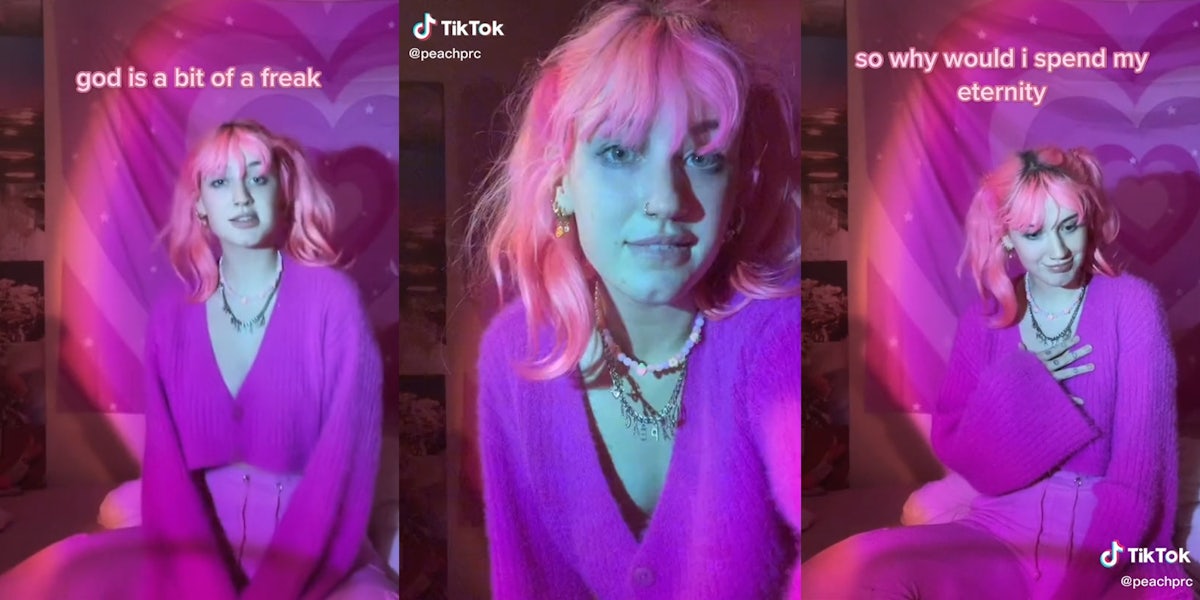young woman with pink hair, clothes, and background with captions 'god is a bit of a freak' (l) smiling (c) 'so why would i spend my eternity' (r)